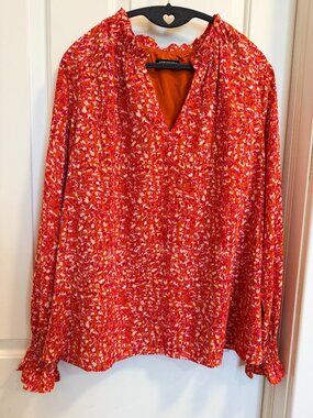 Mascomoda XL Orange Pink Abstract Print Ruffle Neck Blouse
